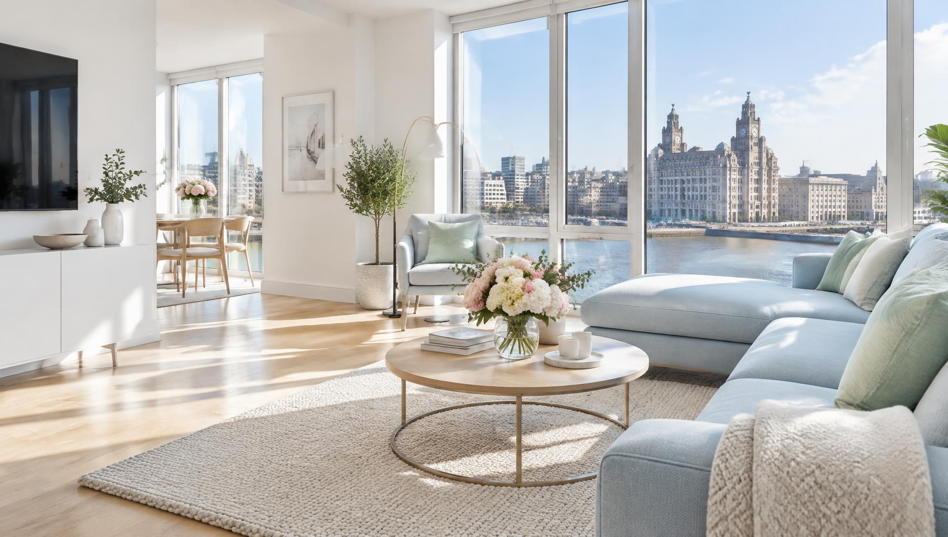 Bright, spotless modern living room overlooking Liverpool